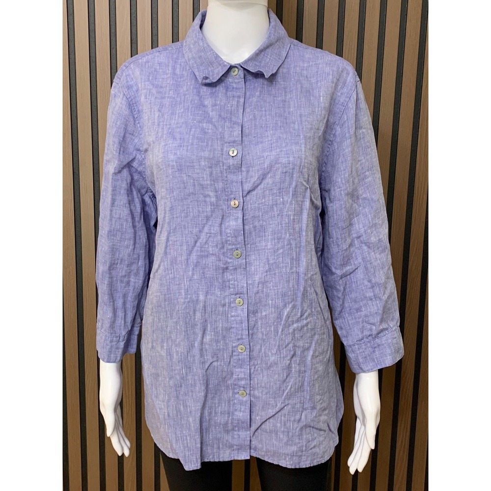 Chicos Women's No Iron 100% Linen Button Front Shirt  Blue Size 3 L XL Classic